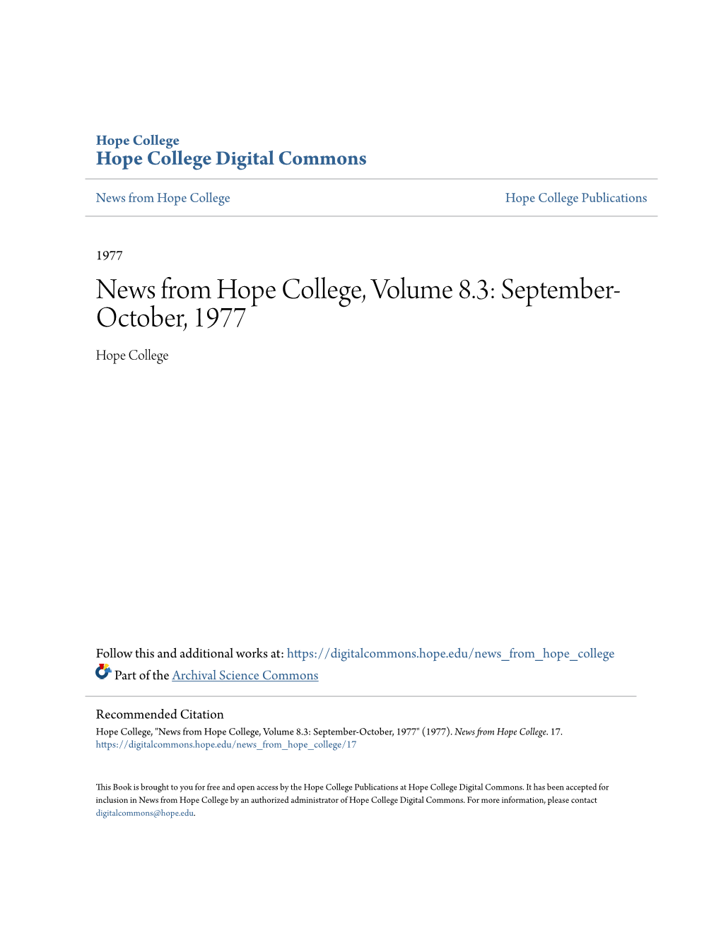 News from Hope College, Volume 8.3: September- October, 1977 Hope College