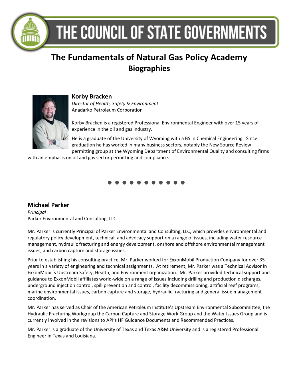 The Fundamentals of Natural Gas Policy Academy Biographies