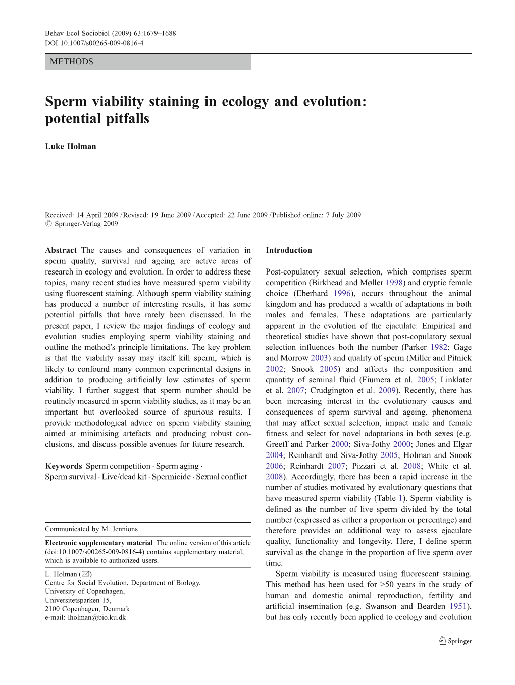 Sperm Viability Staining in Ecology and Evolution: Potential Pitfalls