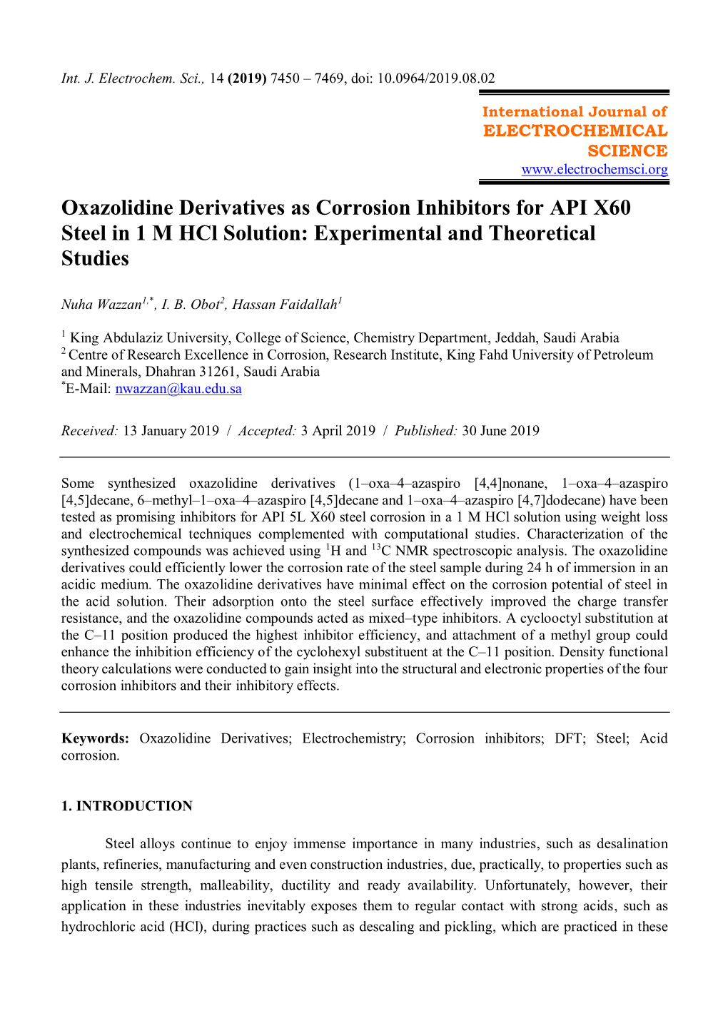 Oxazolidine Derivatives As Corrosion Inhibitors for API X60 Steel in 1 M Hcl Solution: Experimental and Theoretical Studies