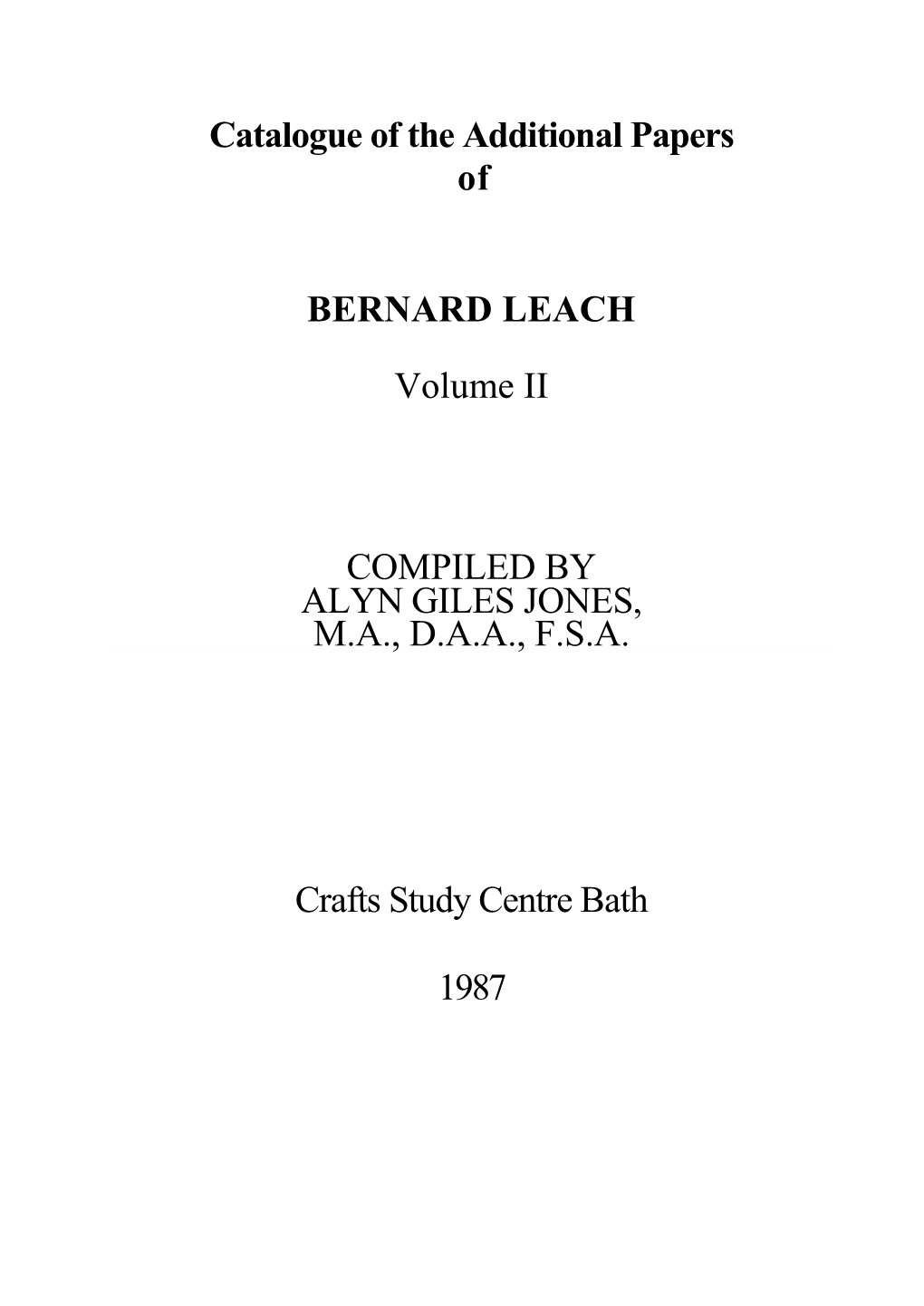 Catalogue of the Additional Papers of Bernard Leach