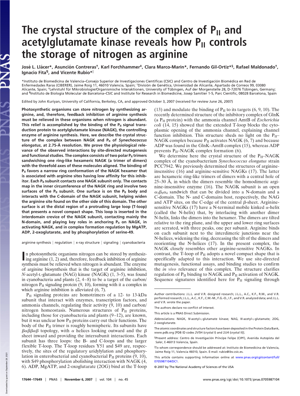The Crystal Structure of the Complex of PII and Acetylglutamate Kinase Reveals How PII Controls the Storage of Nitrogen As Arginine