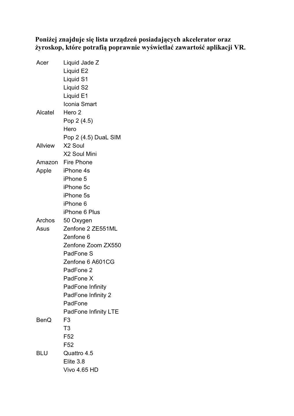 Poniżej Znajduje Się Lista Urządzeń Posiadających Akcelerator Oraz Żyroskop, Które Potrafią Poprawnie Wyświetlać Zawartość Aplikacji VR