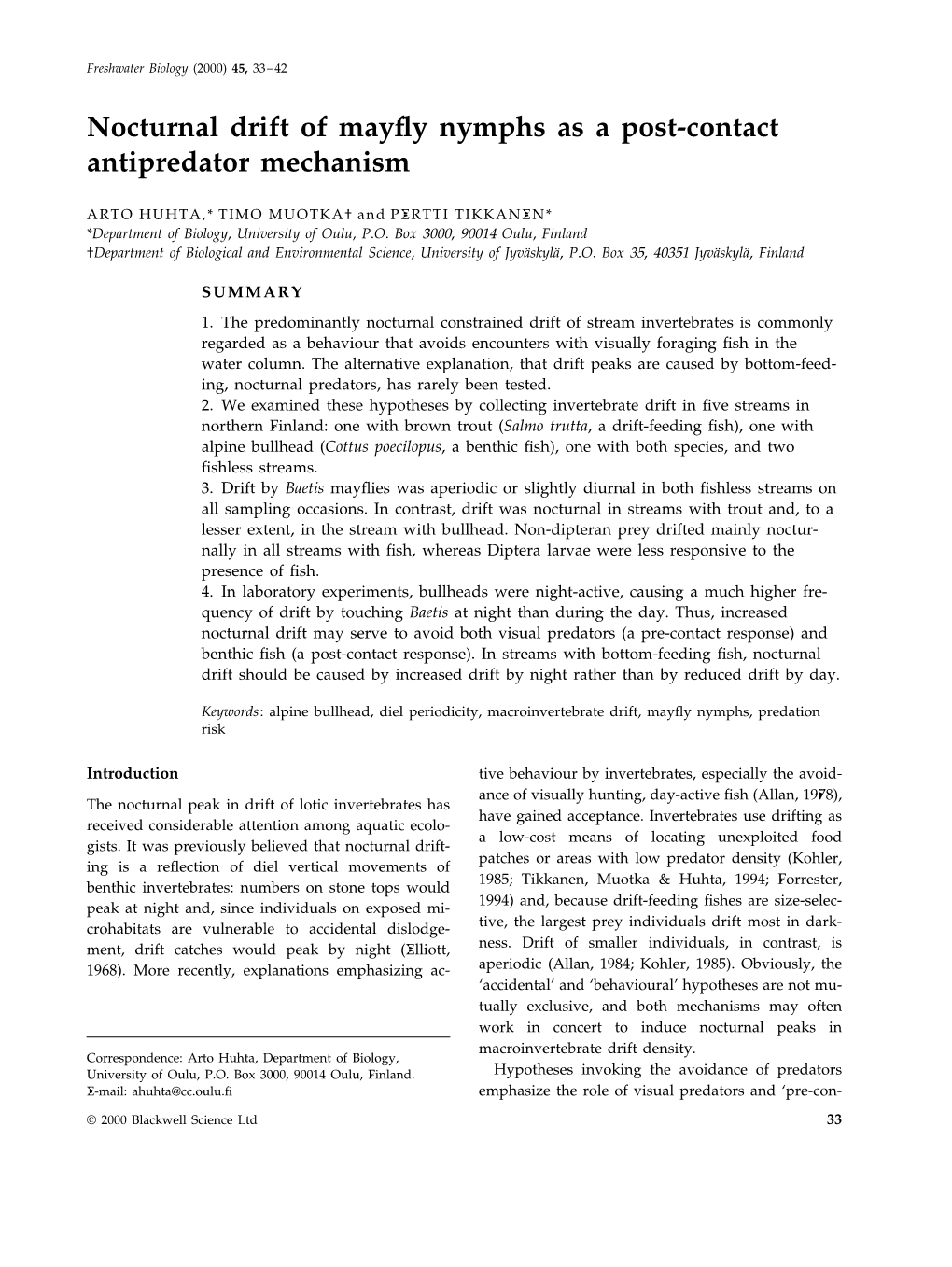 Nocturnal Drift of Mayfly Nymphs As a Post-Contact Antipredator Mechanism