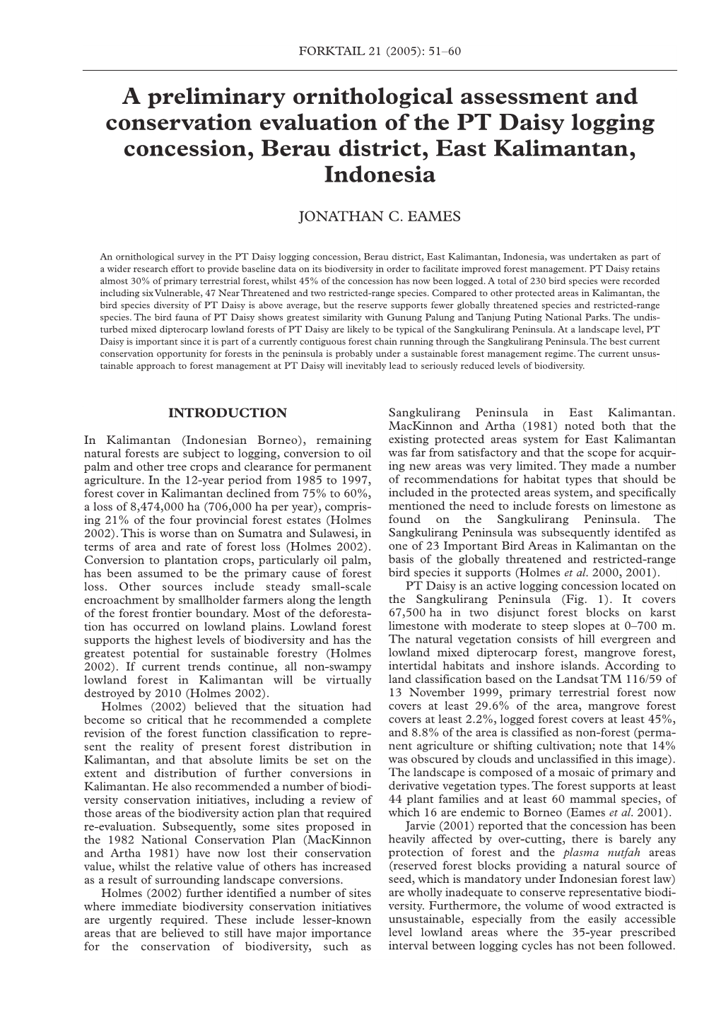 A Preliminary Ornithological Assessment and Conservation Evaluation of the PT Daisy Logging Concession, Berau District, East Kalimantan, Indonesia