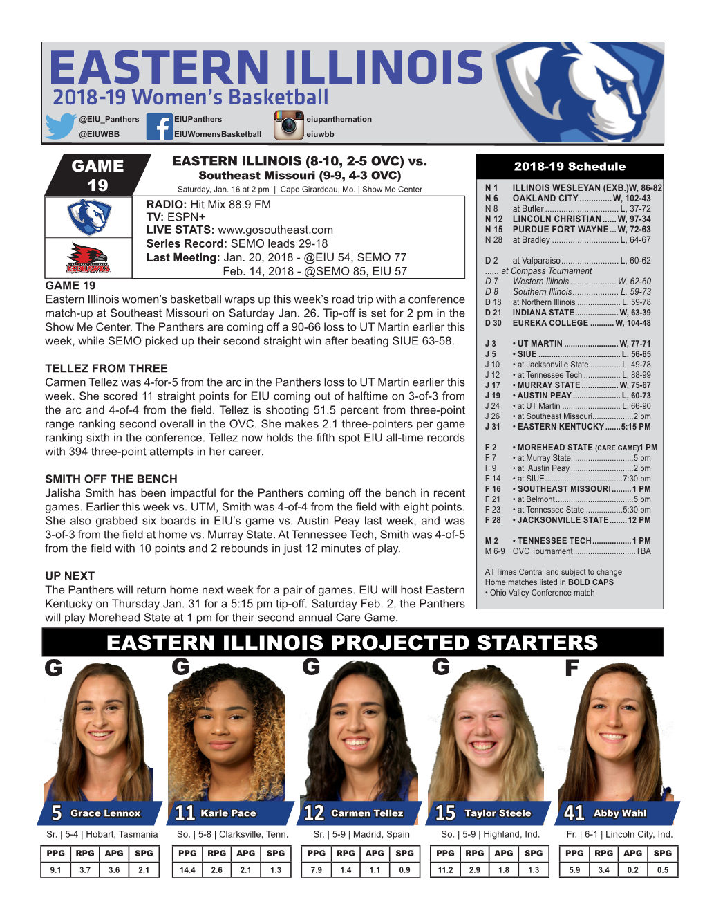 EASTERN ILLINOIS 2018-19 Women’S Basketball @EIU Panthers Eiupanthers Eiupanthernation @EIUWBB Eiuwomensbasketball Eiuwbb