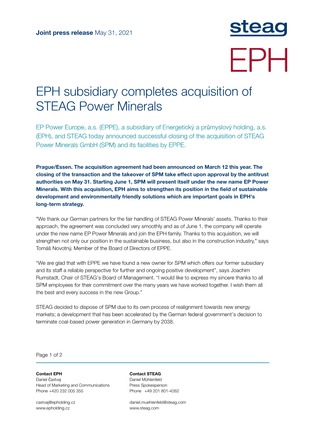 EPH Subsidiary Completes Acquisition of STEAG Power Minerals