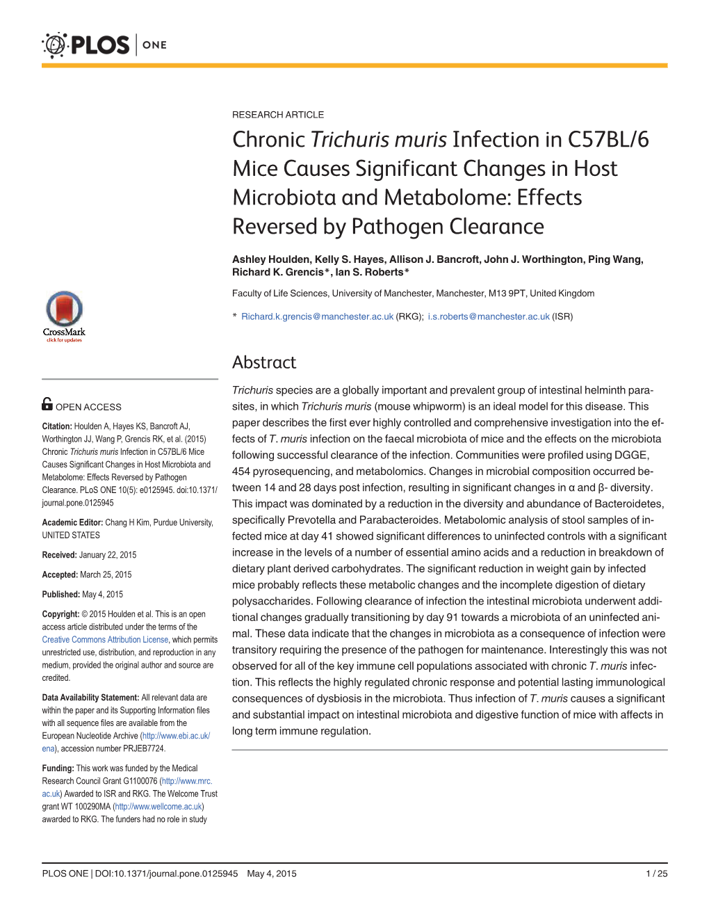 Chronic Trichuris Muris Infection in C57BL/6 Mice Causes Significant Changes in Host Microbiota and Metabolome: Effects Reversed by Pathogen Clearance