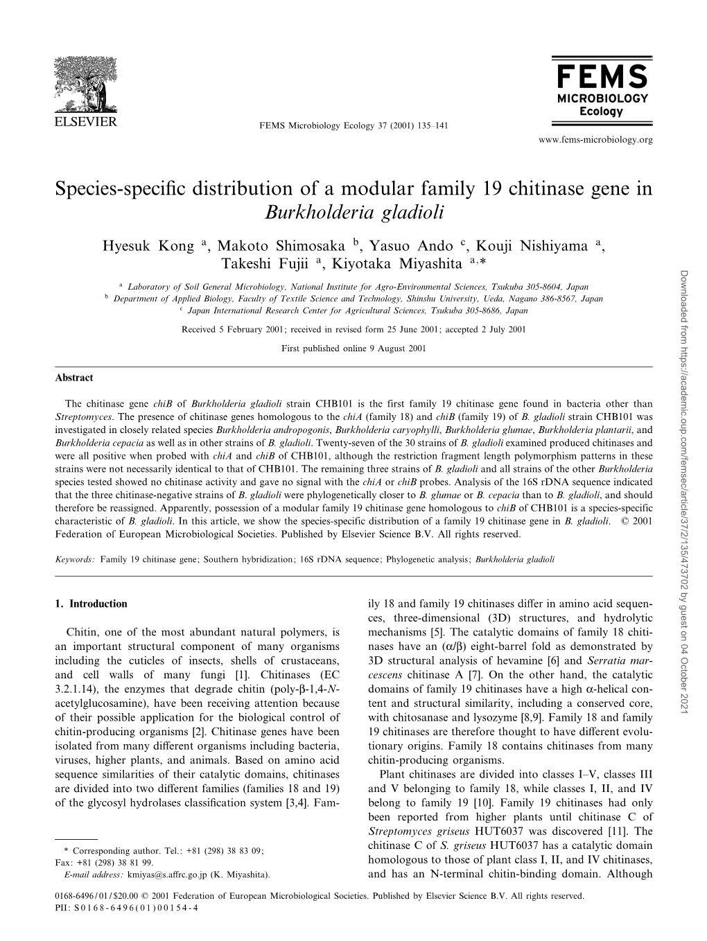 Species-Specific Distribution of a Modular Family 19 Chitinase Gene In