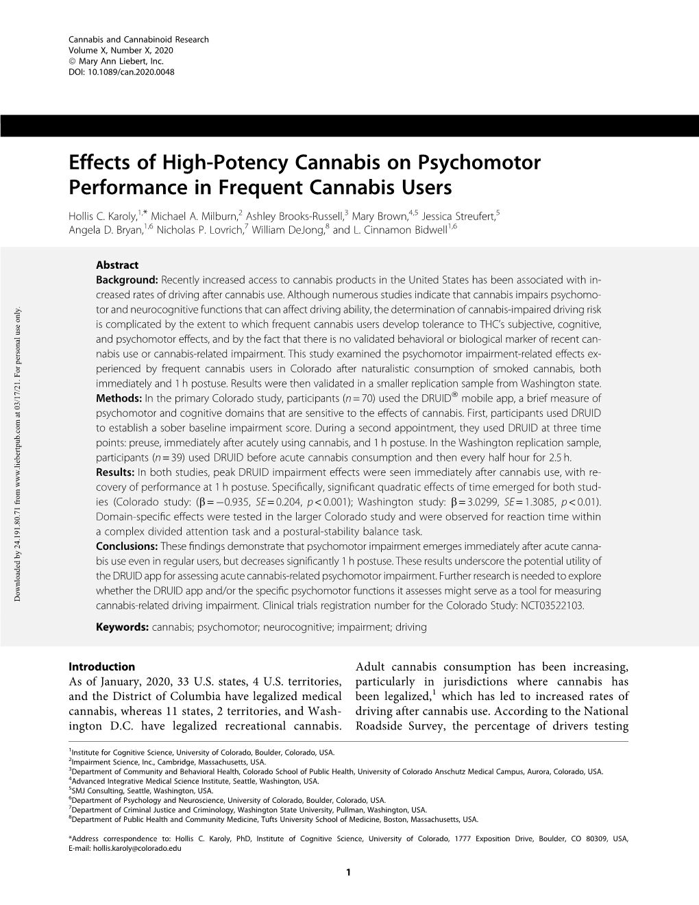 Effects of High-Potency Cannabis on Psychomotor Performance in Frequent Cannabis Users