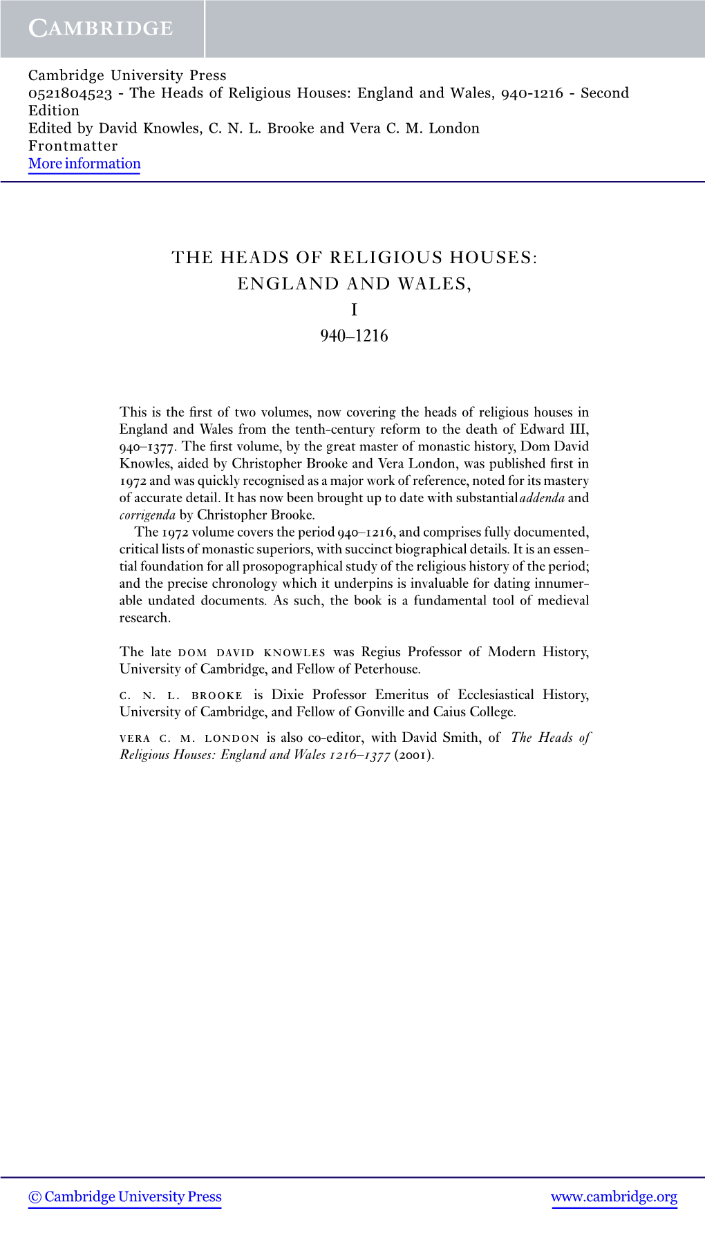 The Heads of Religious Houses: England and Wales, 940-1216 - Second Edition Edited by David Knowles, C