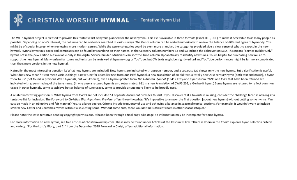 The WELS Hymnal Project Is Pleased to Provide This Tentative List of Hymns Planned for the New Hymnal