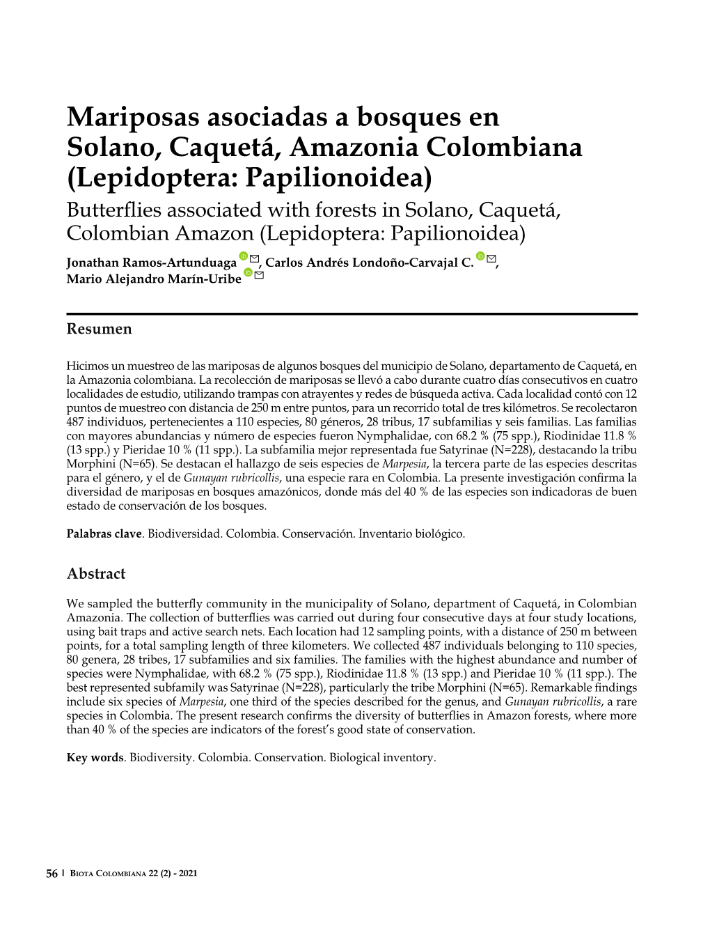 Mariposas Asociadas a Bosques En Solano, Caquetá, Amazonia Colombiana (Lepidoptera: Papilionoidea)
