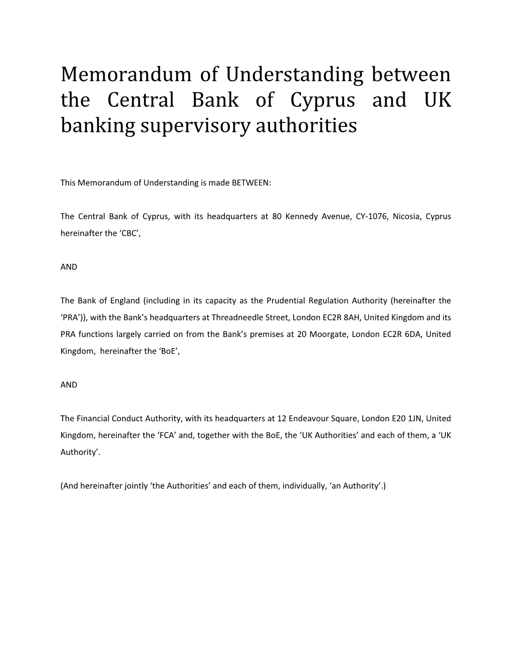 Mou Between the Central Bank of Cyprus and UK Banking
