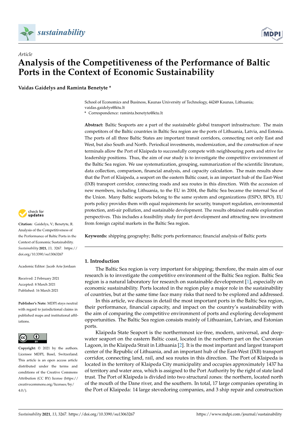 Analysis of the Competitiveness of the Performance of Baltic Ports in the Context of Economic Sustainability