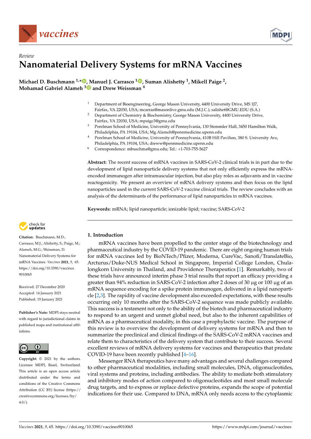 Nanomaterial Delivery Systems for Mrna Vaccines