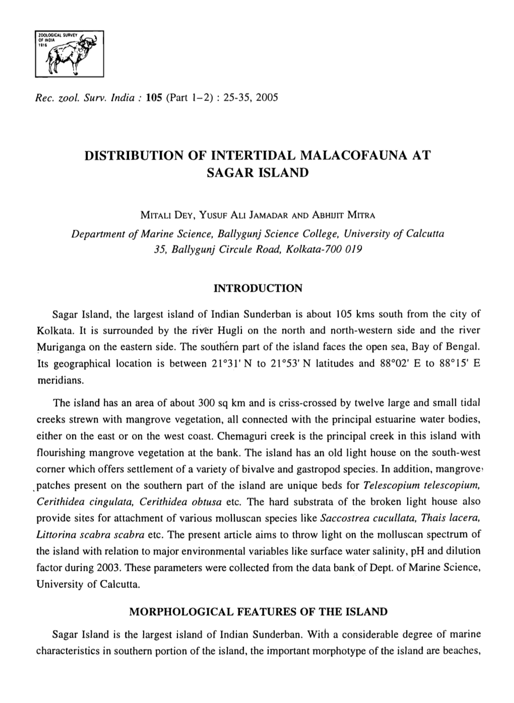 Distribution of Intertidal Malacofauna at Sagar Island