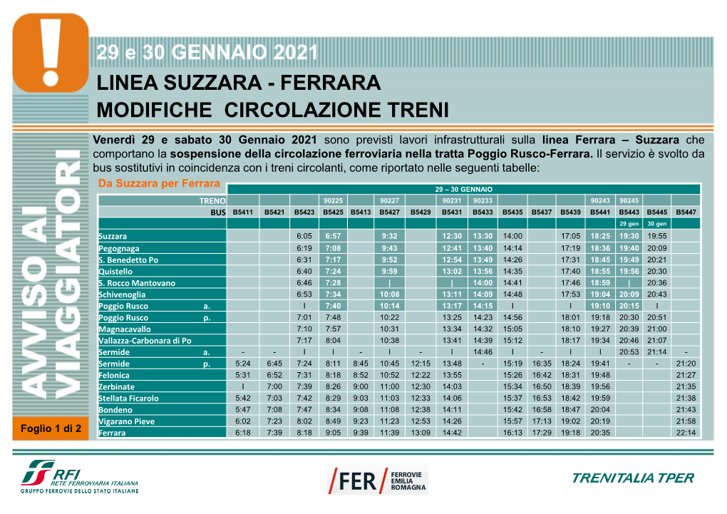 29 E 30 GENNAIO 2021 LINEA SUZZARA - FERRARA MODIFICHE CIRCOLAZIONE TRENI