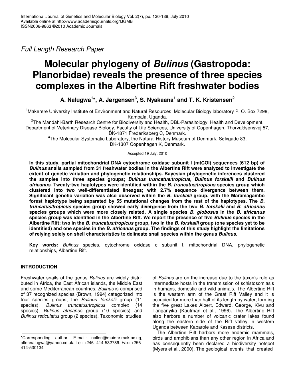 Molecular Phylogeny of Bulinus (Gastropoda: Planorbidae) Reveals the Presence of Three Species Complexes in the Albertine Rift Freshwater Bodies