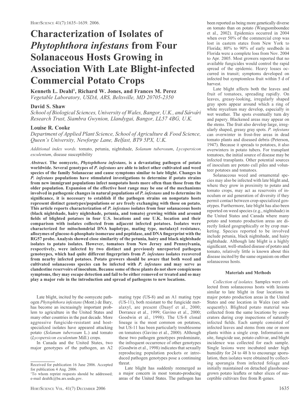 Characterization of Isolates of Phytophthora Infestans from Four