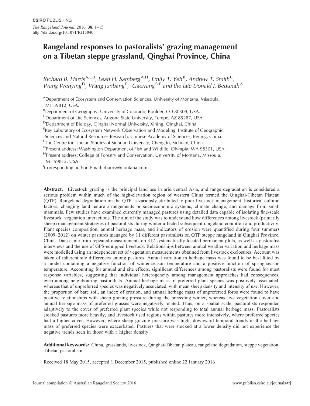 Rangeland Responses to Pastoralists' Grazing Management on a Tibetan Steppe Grassland, Qinghai Province, China