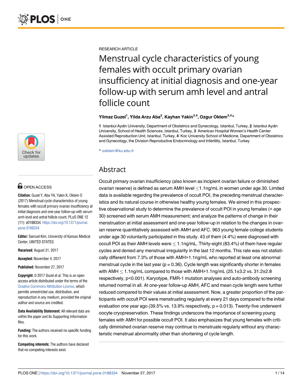 Menstrual Cycle Characteristics of Young Females with Occult Primary