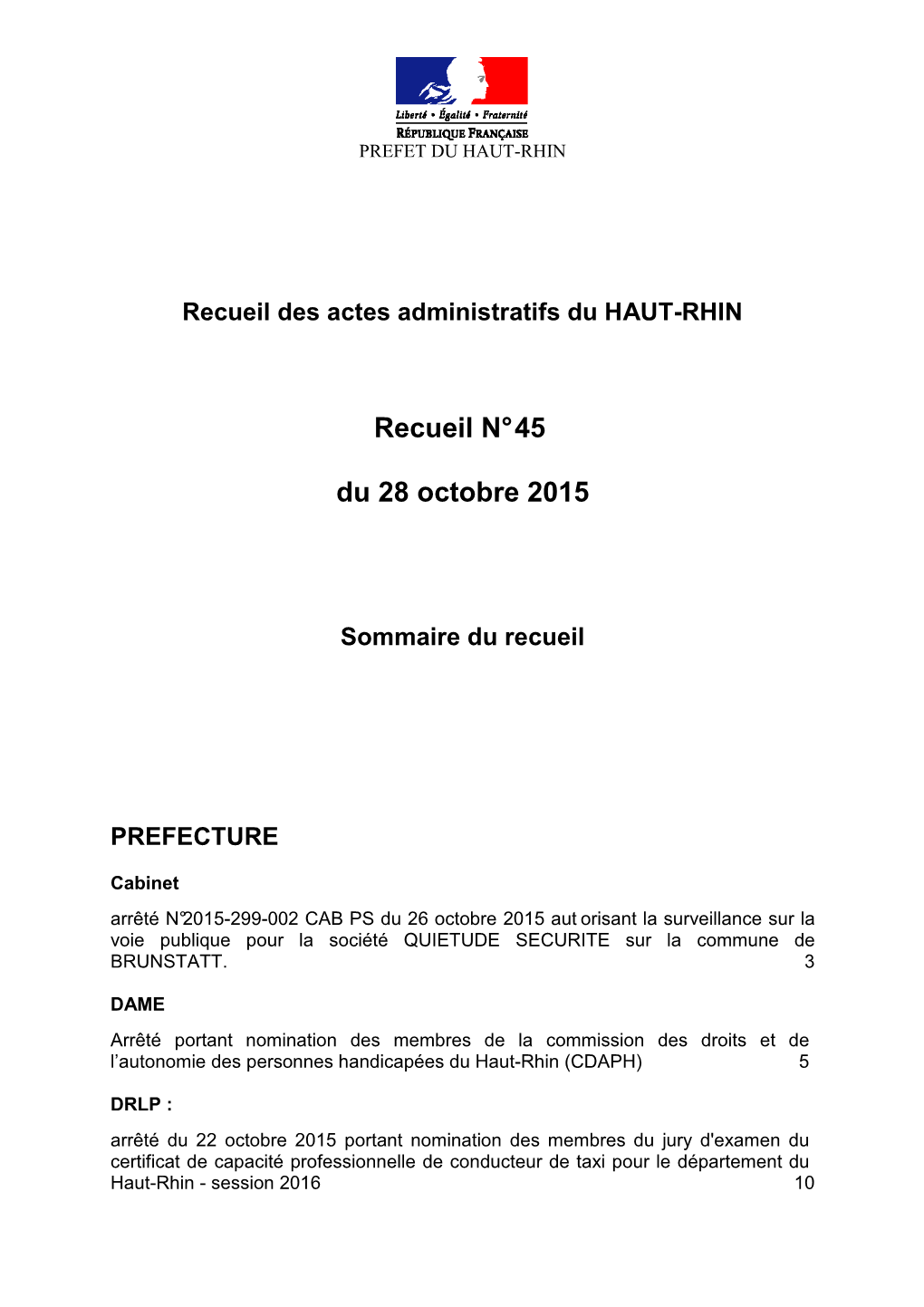 Recueil N° 45 Du 28 Octobre 2015