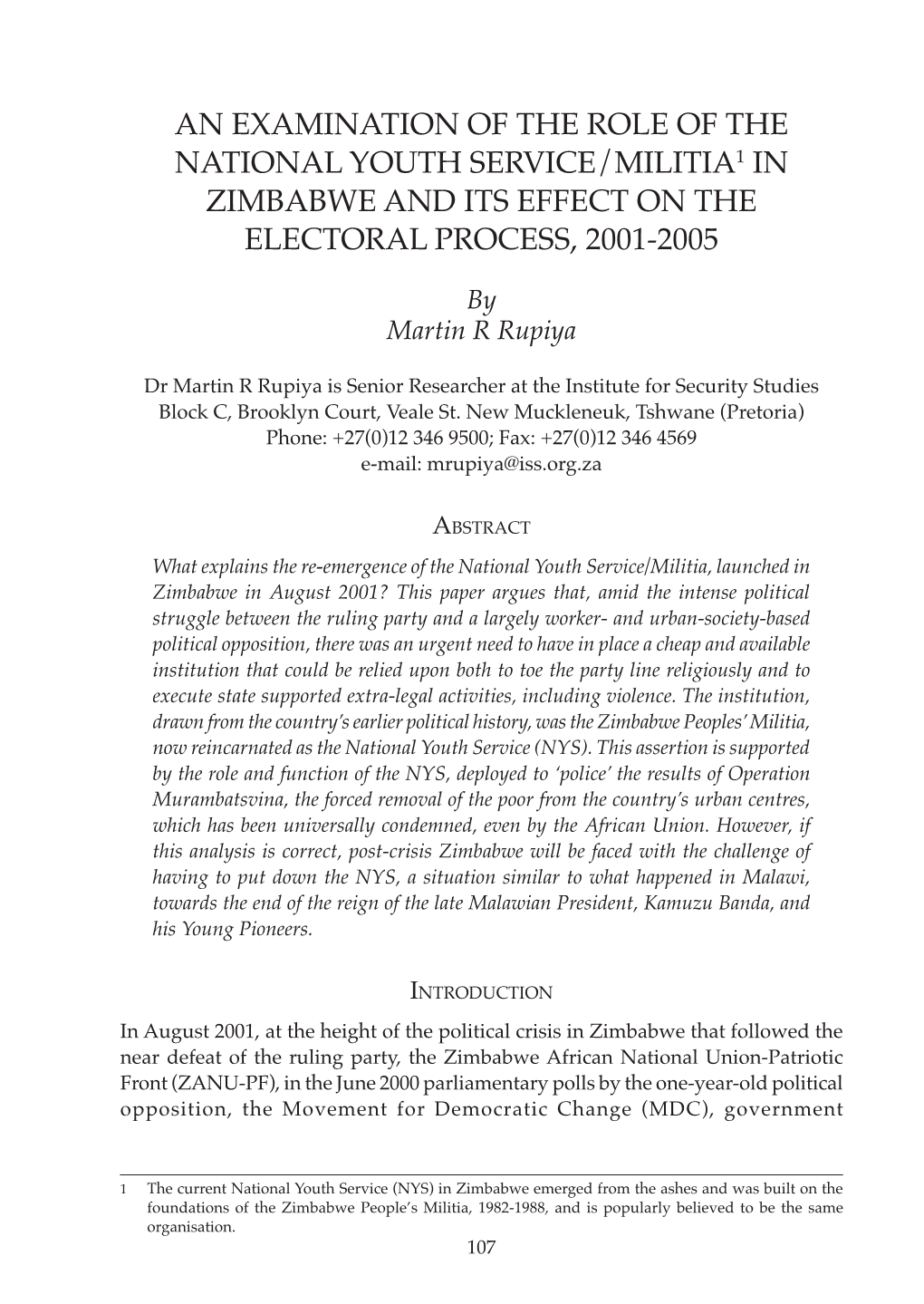 An Examination of the Role of the National Youth Service/Militia1 in Zimbabwe and Its Effect on the Electoral Process, 2001-2005