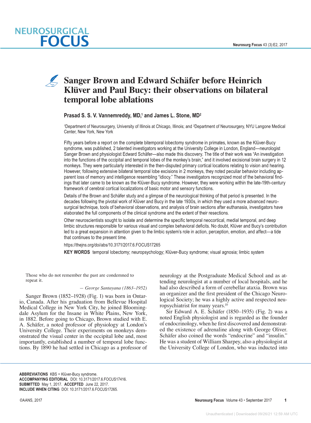 Sanger Brown and Edward Schäfer Before Heinrich Klüver and Paul Bucy: Their Observations on Bilateral Temporal Lobe Ablations