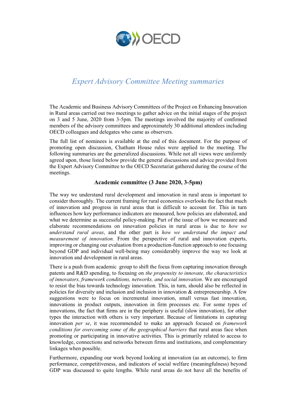 Expert Advisory Committee Meeting Summaries