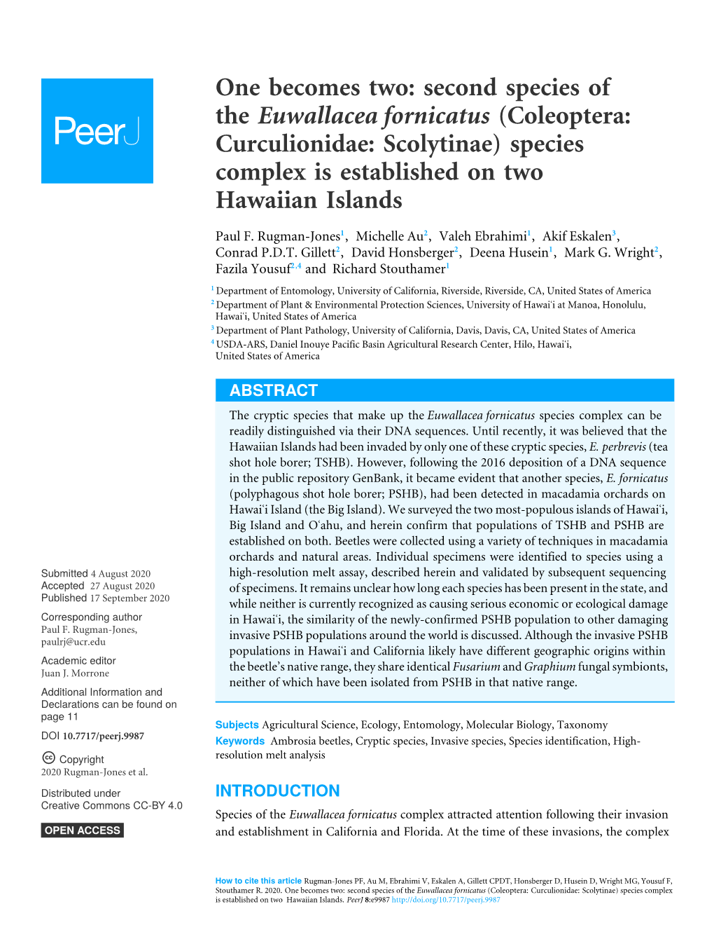 Second Species of the Euwallacea Fornicatus (Coleoptera: Curculionidae: Scolytinae) Species Complex Is Established on Two Hawaiian Islands