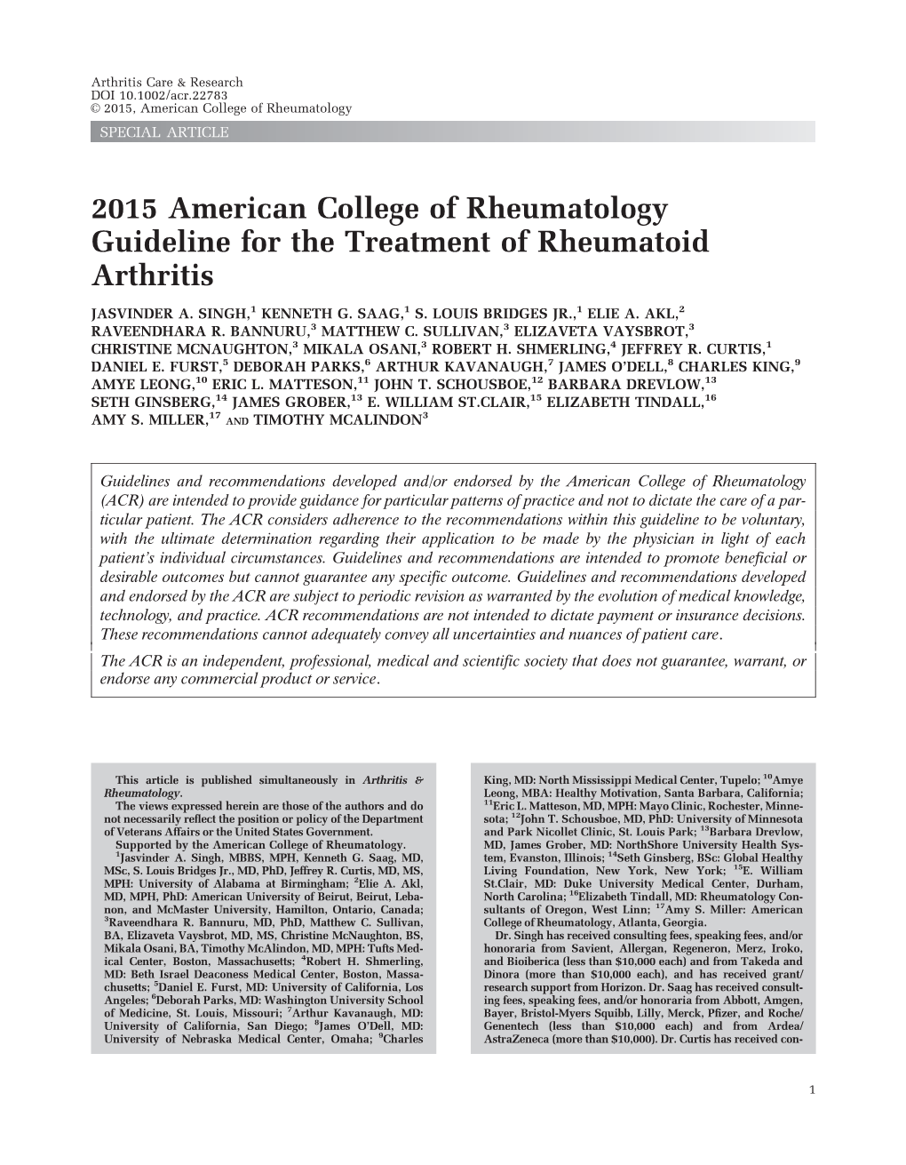 2015 American College of Rheumatology Guideline for the Treatment of Rheumatoid Arthritis