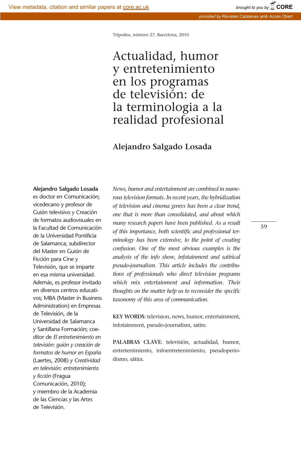 Actualidad, Humor Y Entretenimiento En Los Programas De Televisión: De La Terminologia a La Realidad Profesional