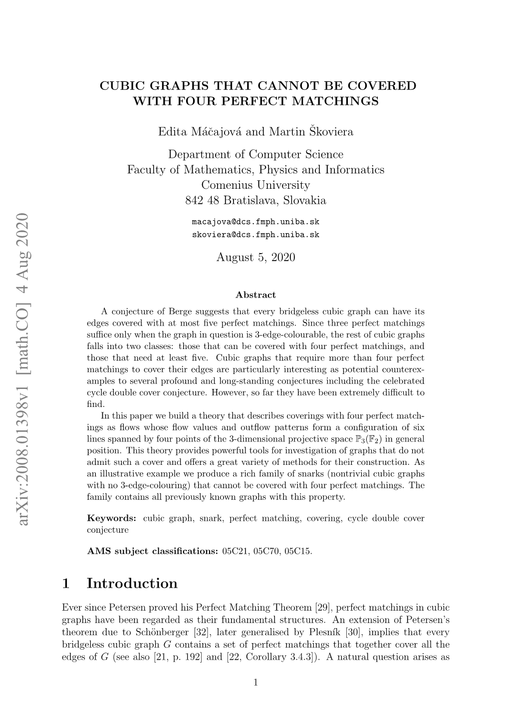 Arxiv:2008.01398V1 [Math.CO] 4 Aug 2020 Conjecture