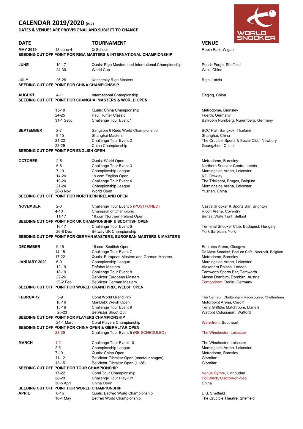 CALENDAR 2019/2020 (V17) DATES & VENUES ARE PROVISIONAL and SUBJECT to CHANGE