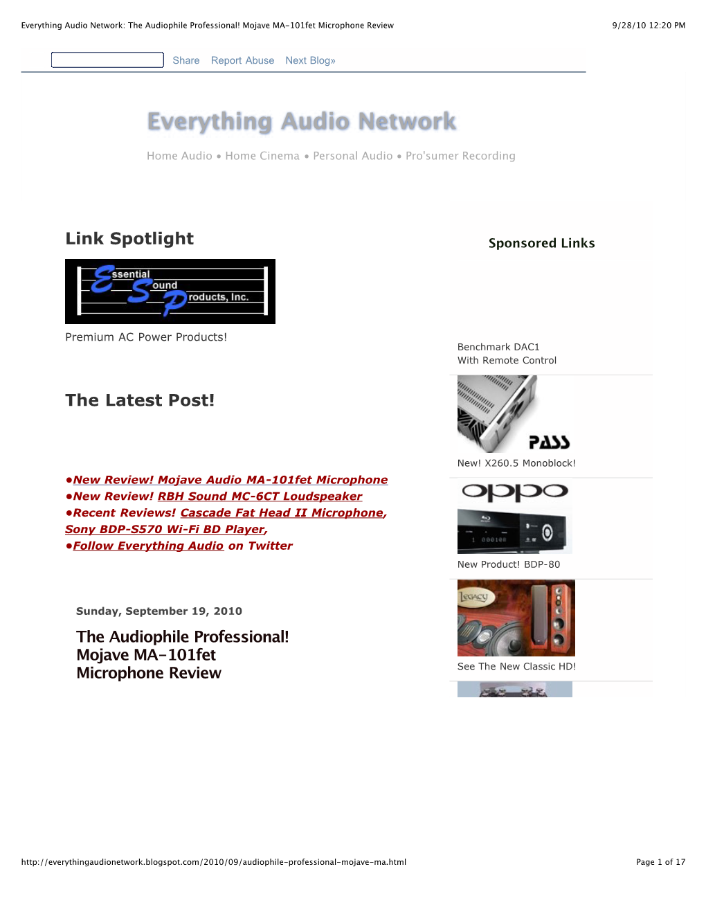 Everything Audio Network: the Audiophile Professional! Mojave MA-101Fet Microphone Review 9/28/10 12:20 PM