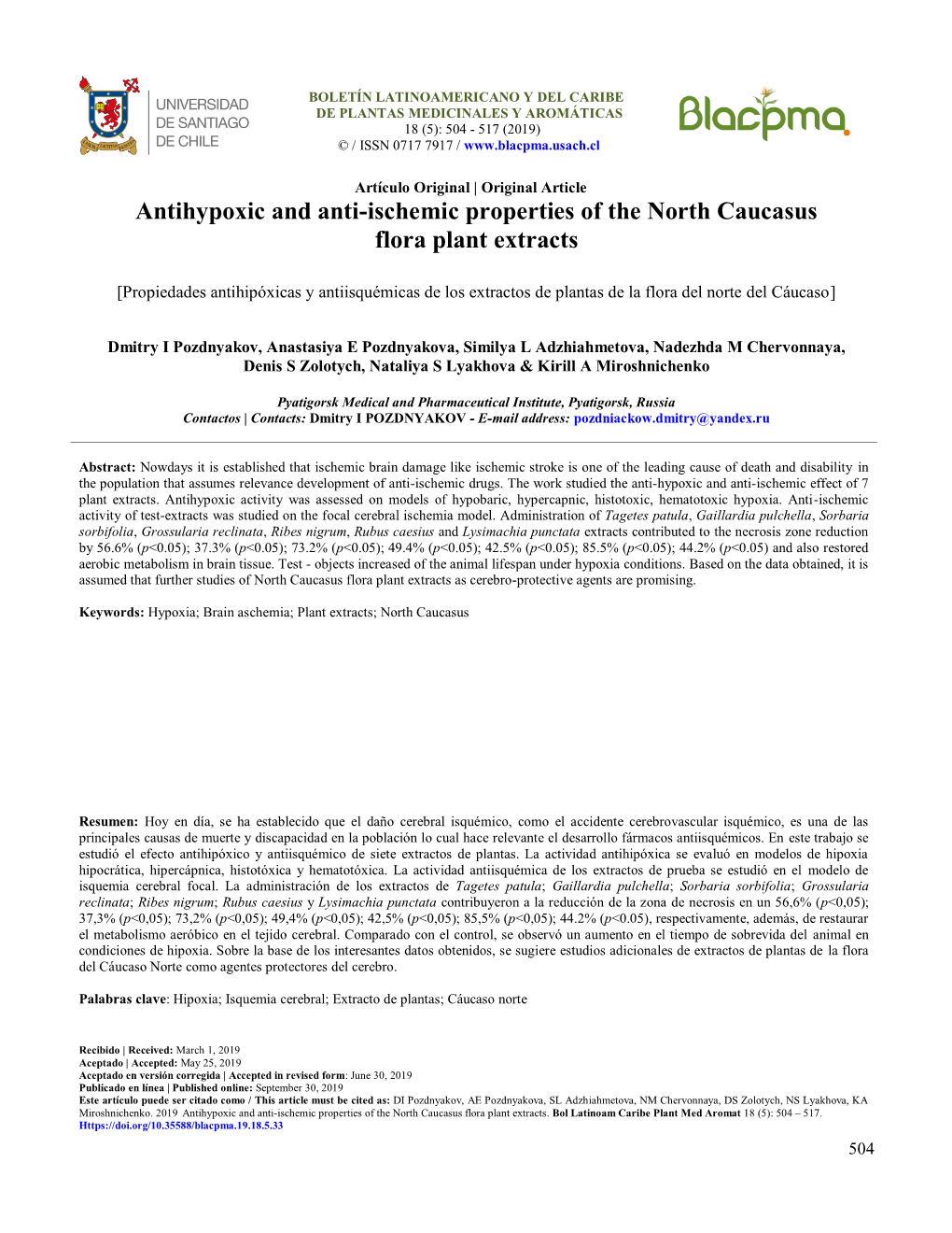 Antihypoxic and Anti-Ischemic Properties of the North Caucasus Flora Plant Extracts