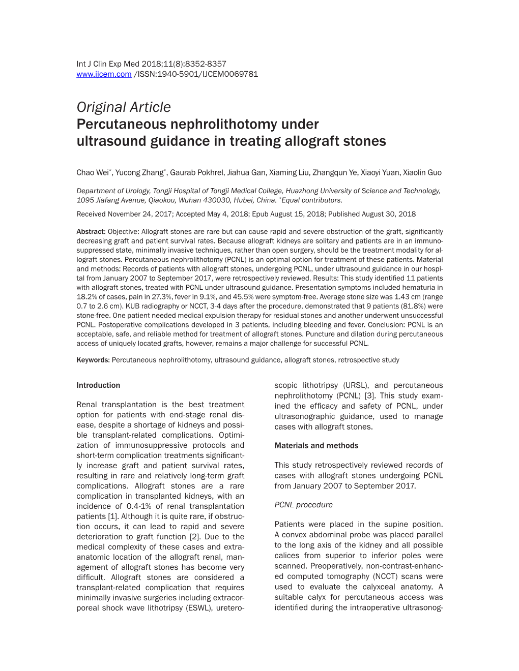 Original Article Percutaneous Nephrolithotomy Under Ultrasound Guidance in Treating Allograft Stones