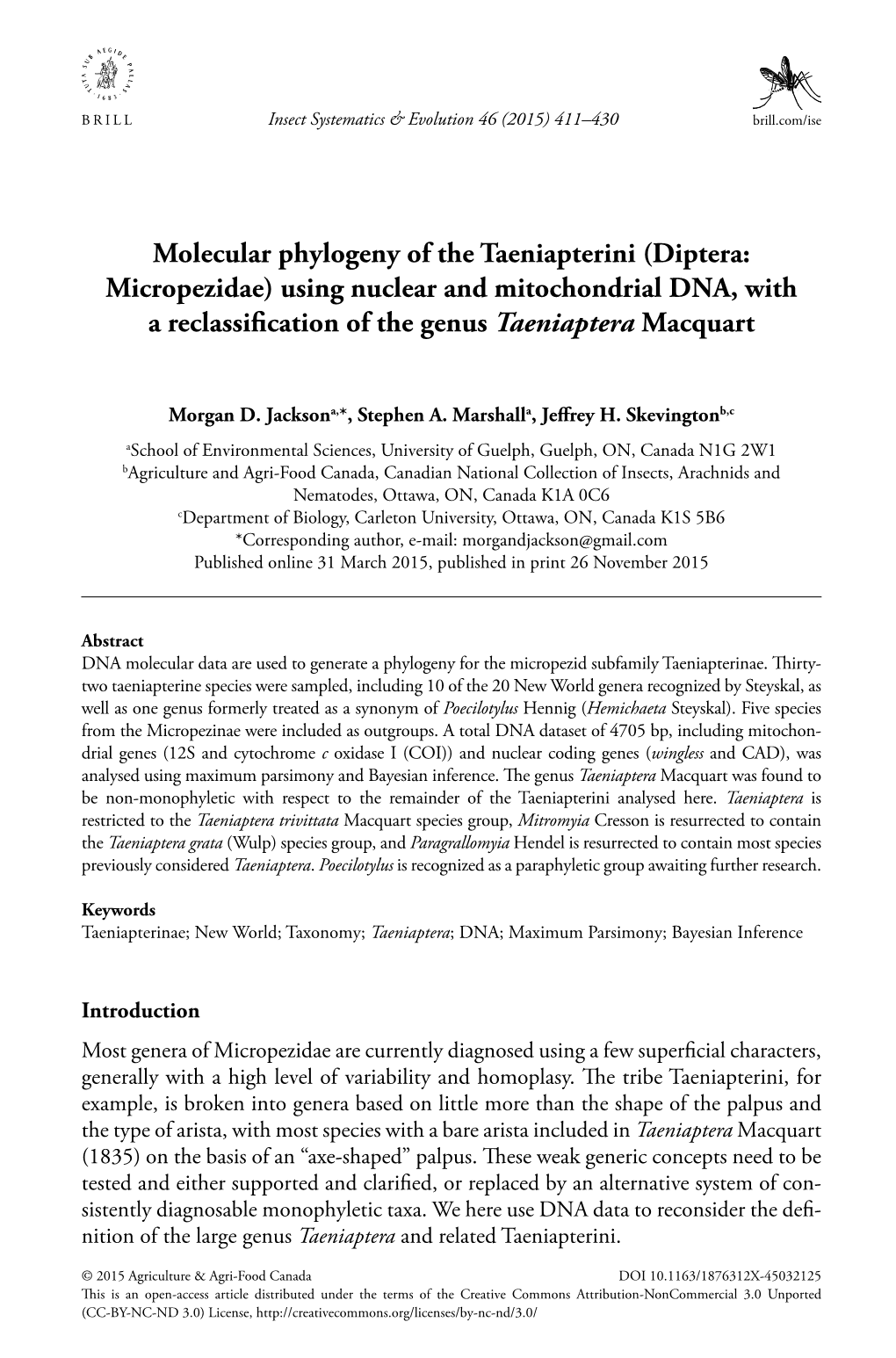 Molecular Phylogeny of the Taeniapterini (Diptera: Micropezidae) Using Nuclear and Mitochondrial DNA, with a Reclassification of the Genus Taeniaptera Macquart