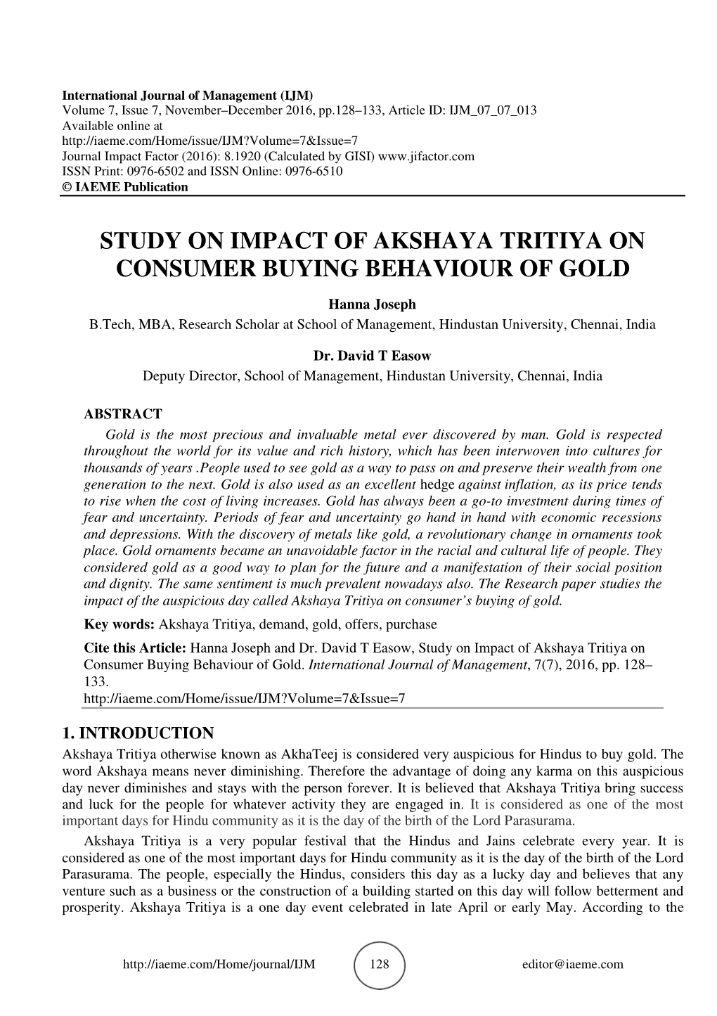 Study on Impact of Akshaya Tritiya on Consumer Buying Behaviour of Gold