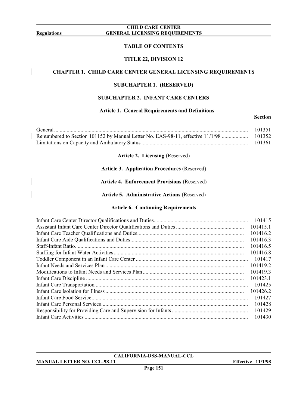 Table of Contents Title 22, Division 12 Chapter 1. Child