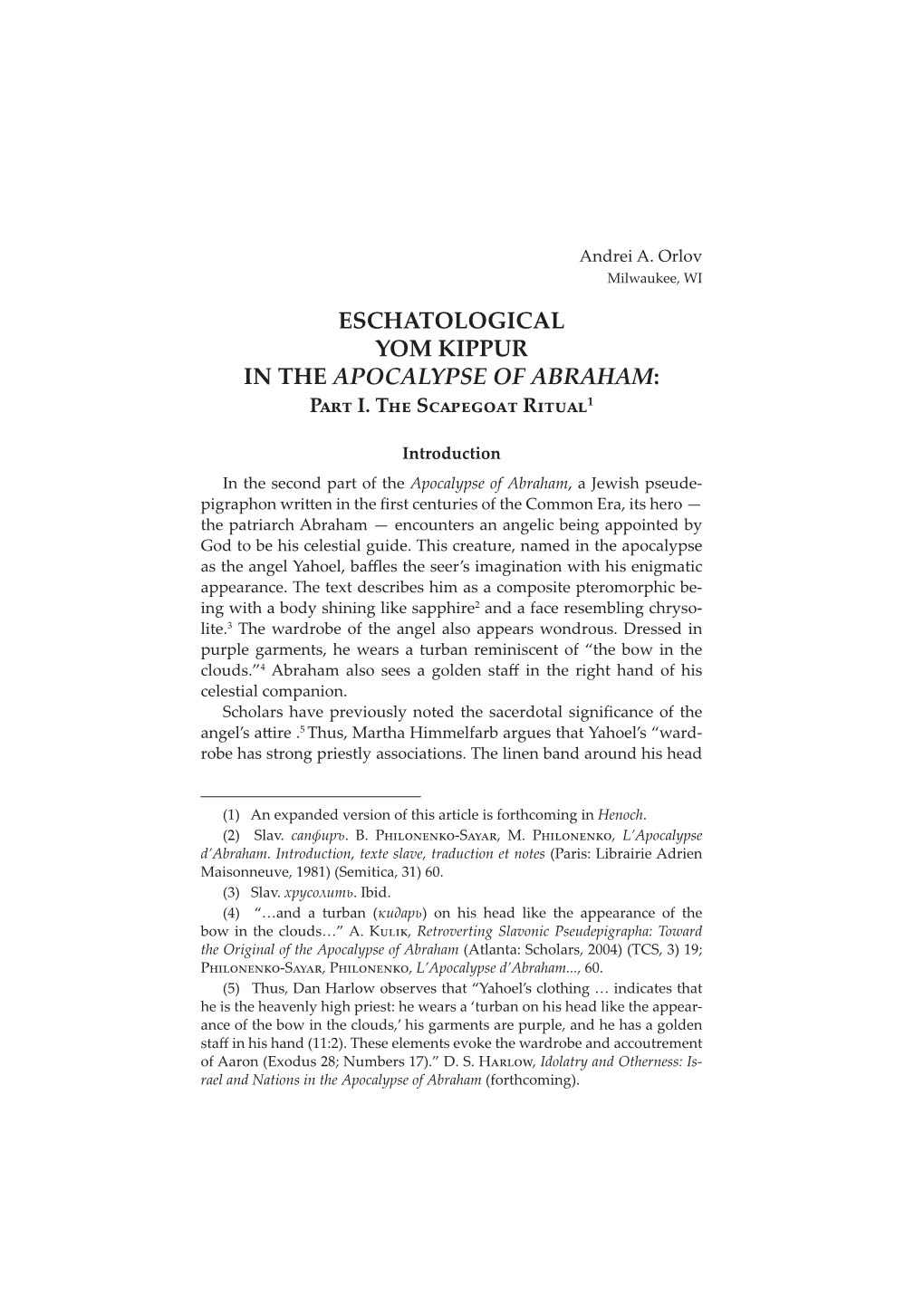 ESCHATOLOGICAL YOM KIPPUR in the APOCALYPSE of ABRAHAM: Part I