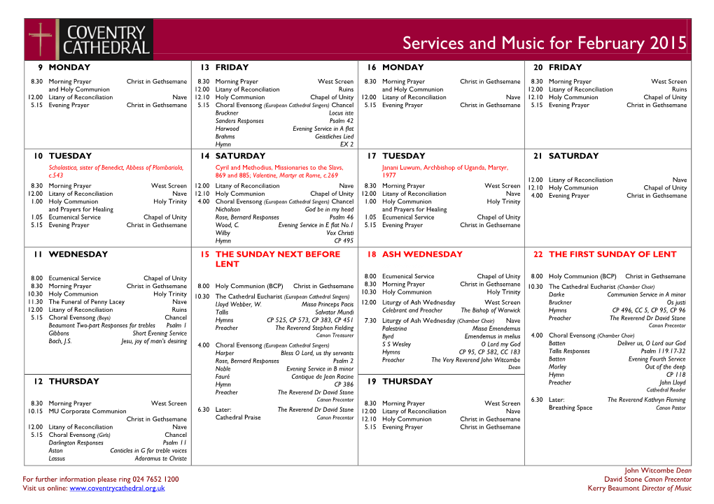 Services and Music for February 2015