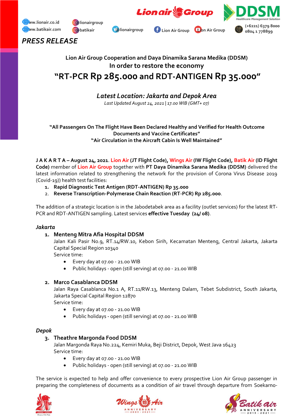 “RT-PCR Rp 285.000 and RDT-ANTIGEN Rp 35.000”