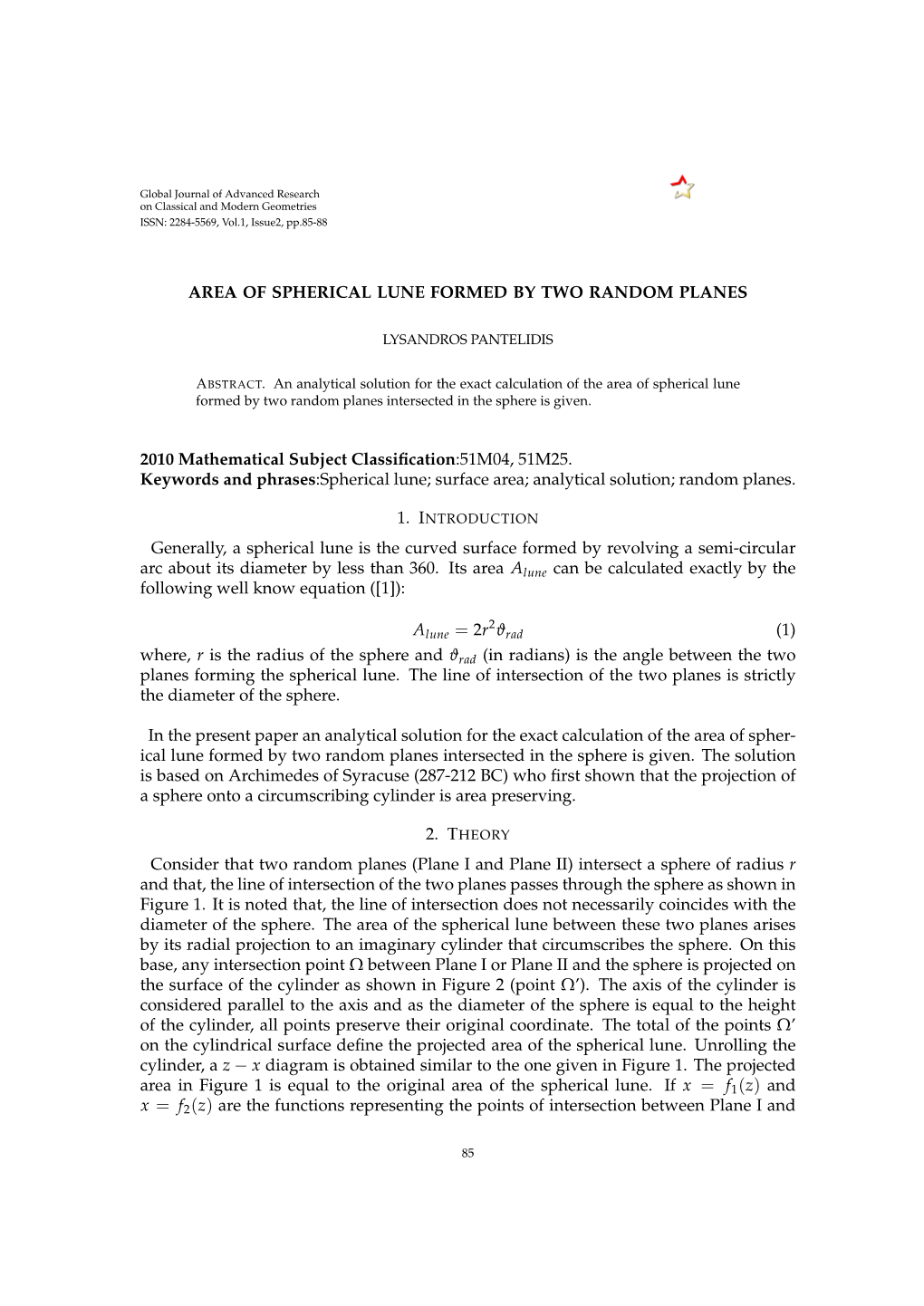 Area of Spherical Lune Formed by Two Random Planes