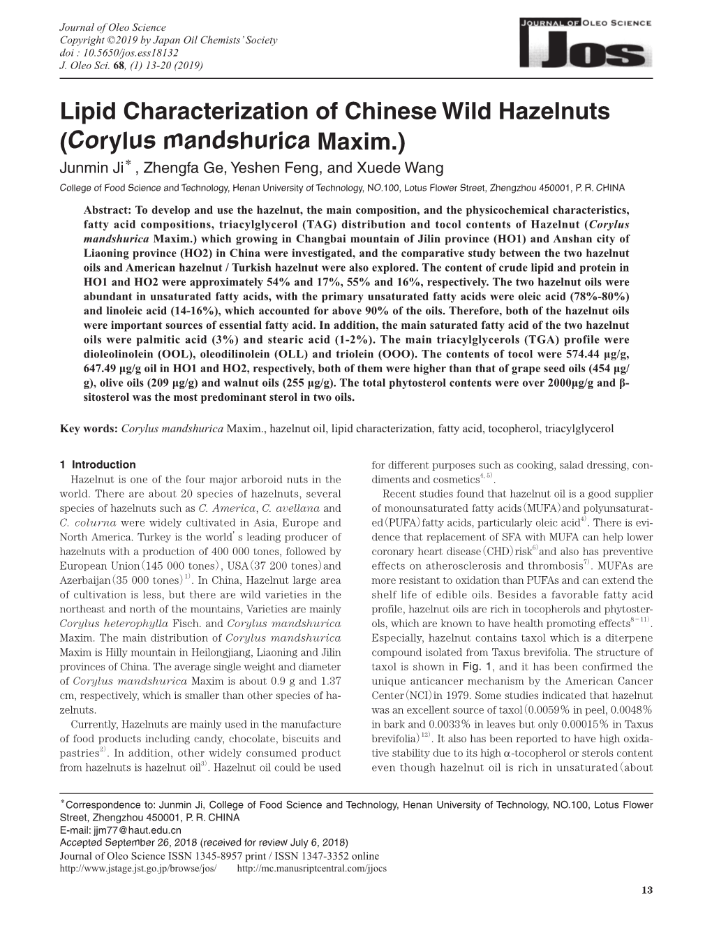 Lipid Characterization of Chinese Wild Hazelnuts (Corylus Mandshurica