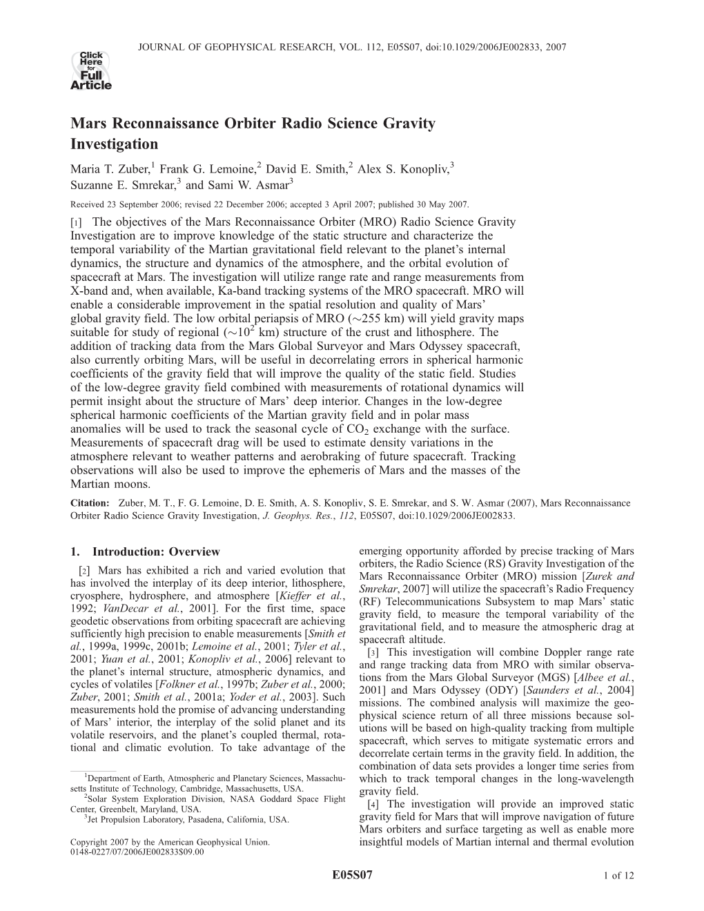 Mars Reconnaissance Orbiter Radio Science Gravity Investigation Maria T