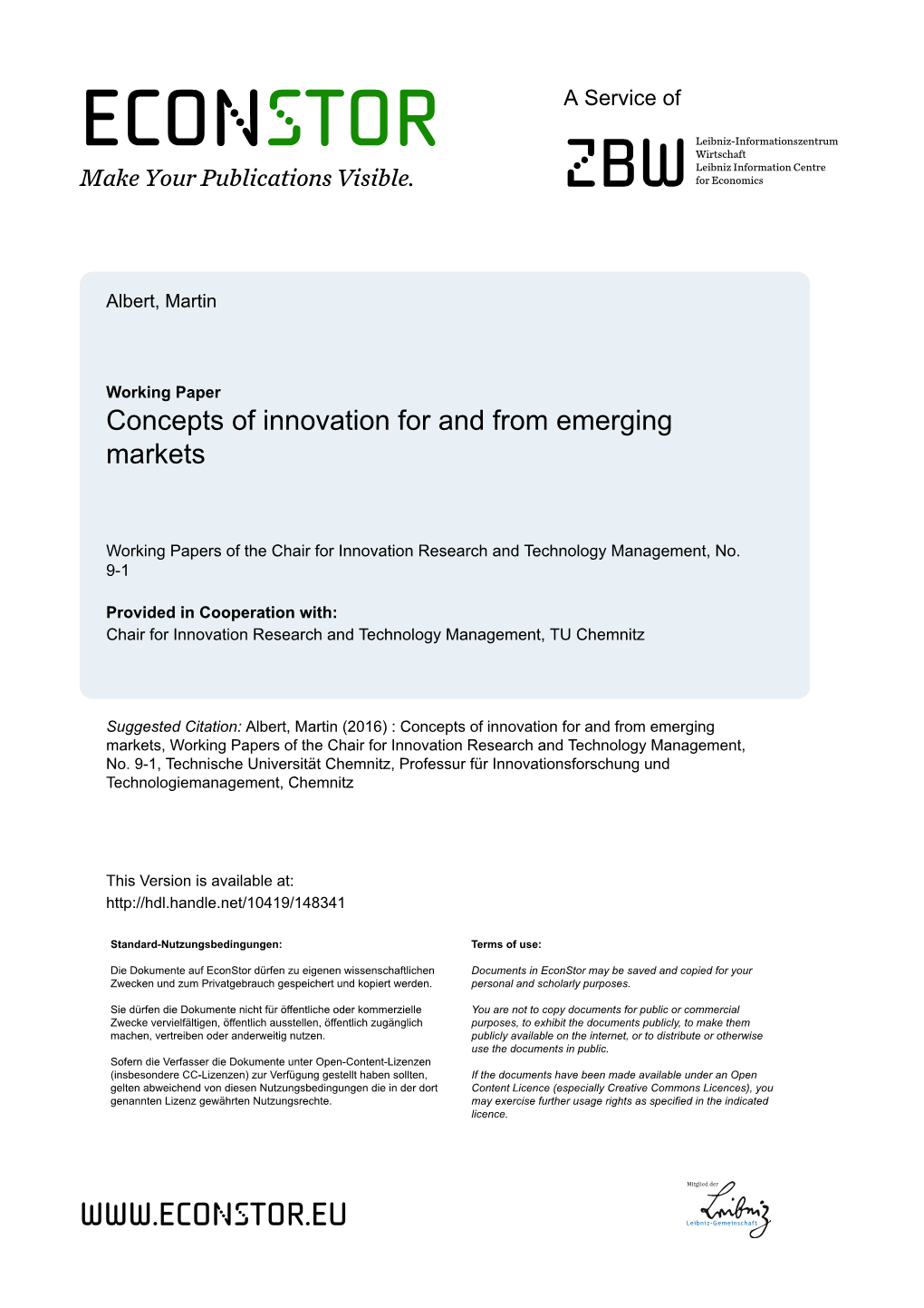 Concepts of Innovation for and from Emerging Markets