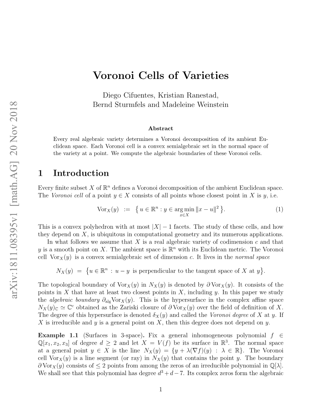 Voronoi Cells of Varieties Arxiv:1811.08395V1 [Math.AG] 20