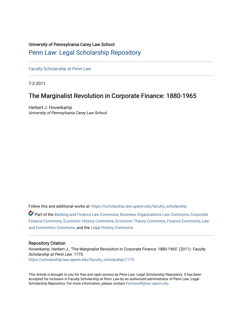 The Marginalist Revolution in Corporate Finance: 1880-1965